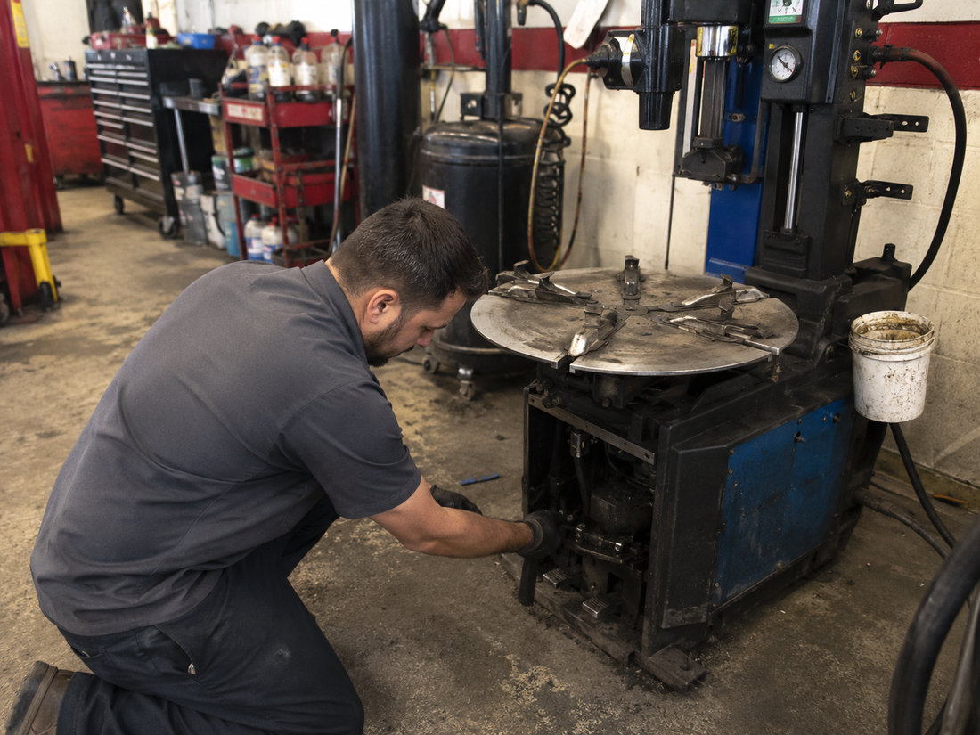 Technician diagnosing a tire changer turntable that is not spinning in an automotive repair shop