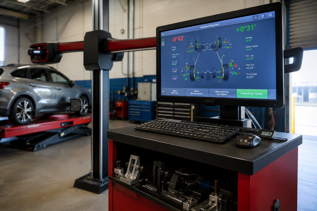 Wheel alignment machine workstation displaying alignment readings beside a vehicle on an alignment rack