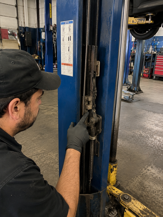 Technician inspecting the safety lock mechanism on an automotive lift in a Southern California repair shop