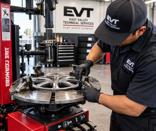 Technician inspecting the clamp system on a tire changer in an automotive repair shop