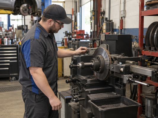 Technician inspecting the spindle and drive system on an automotive brake lath