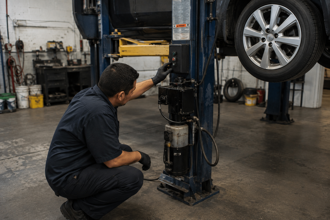 Technician diagnosing an automotive lift motor that runs but does not raise the vehicle