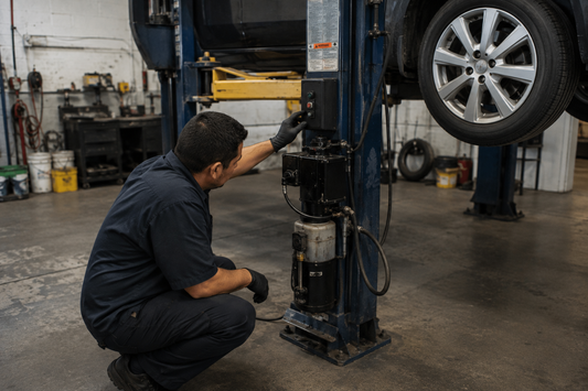 Technician diagnosing an automotive lift motor that runs but does not raise the vehicle