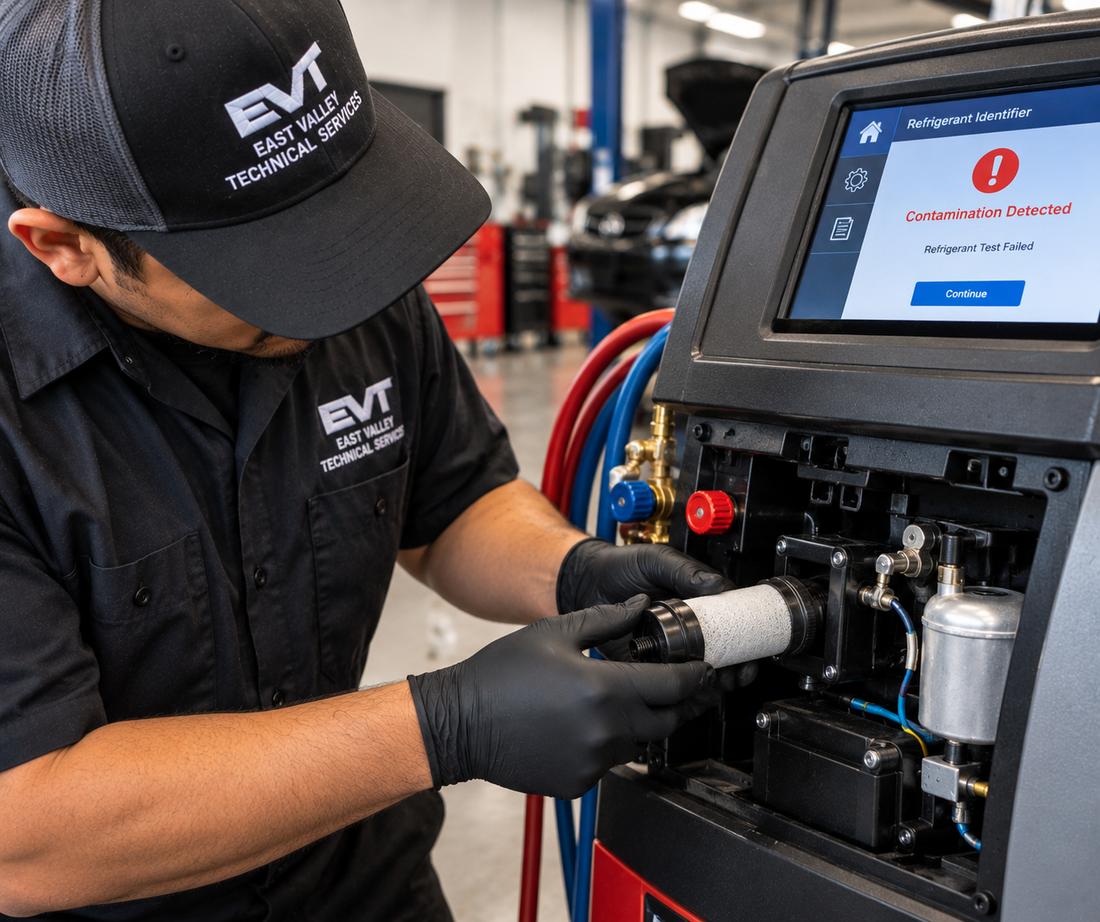 Technician inspecting the refrigerant analyzer system on an automotive A/C service machine