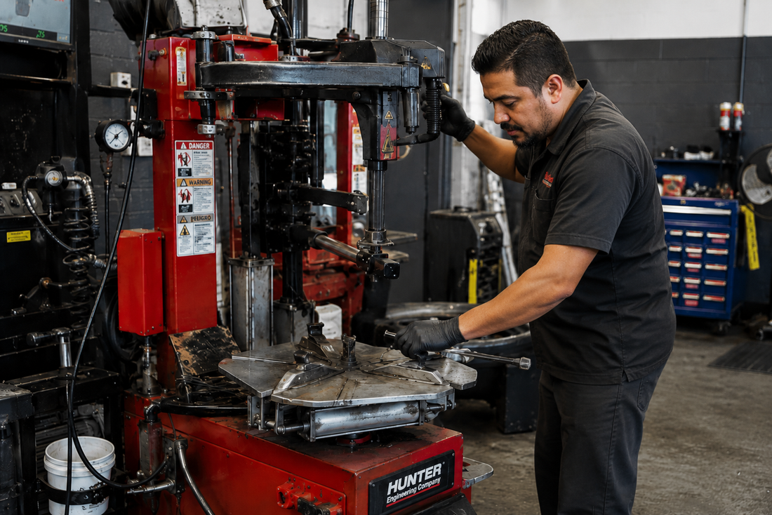 Technician repairing a tire changer machine for an automotive repair shop in Southern California