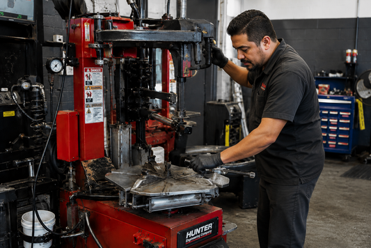 Technician repairing a tire changer machine for an automotive repair shop in Southern California