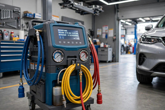 AC recovery machine maintenance: professional refrigerant recovery unit with gauges and hoses in an auto repair shop service bay