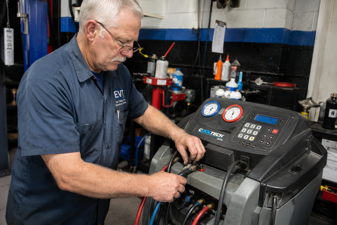 Technician servicing an automotive A/C machine in a Southern California auto repair shop