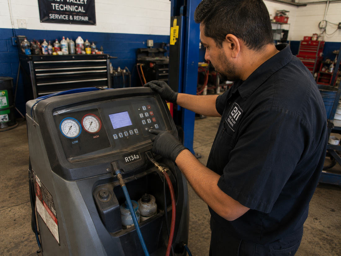 Technician diagnosing a vacuum problem on an automotive A/C service machine in a Southern California repair shop