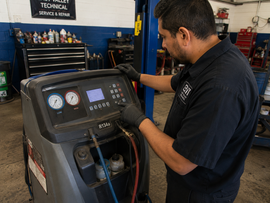 Technician diagnosing a vacuum problem on an automotive A/C service machine in a Southern California repair shop