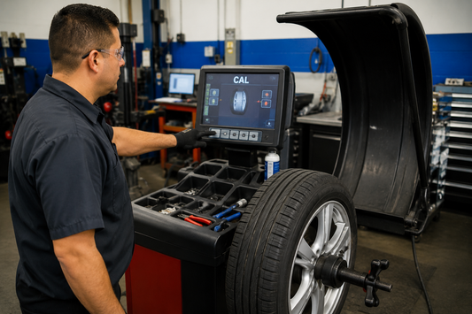 Technician performing calibration on a wheel balancer in an automotive repair shop