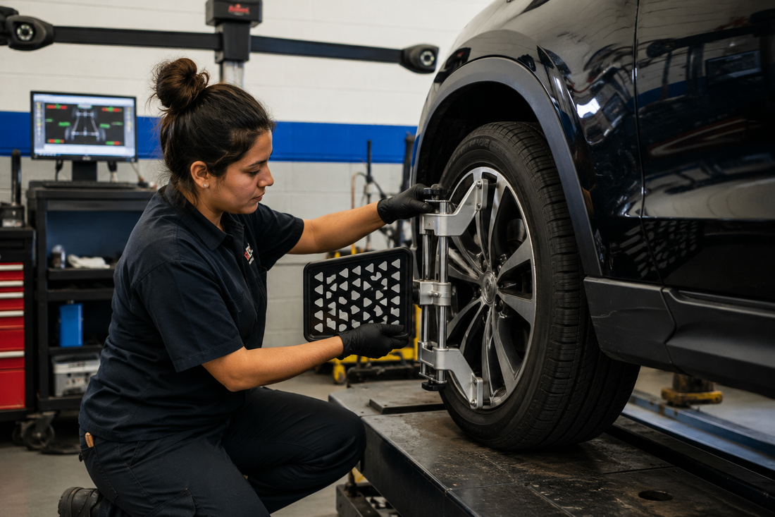 Technician inspecting alignment targets on a vehicle in a Southern California auto repair shop