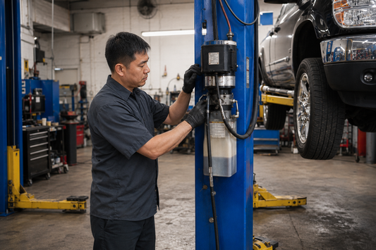 Technician inspecting an automotive lift in a Southern California auto repair shop