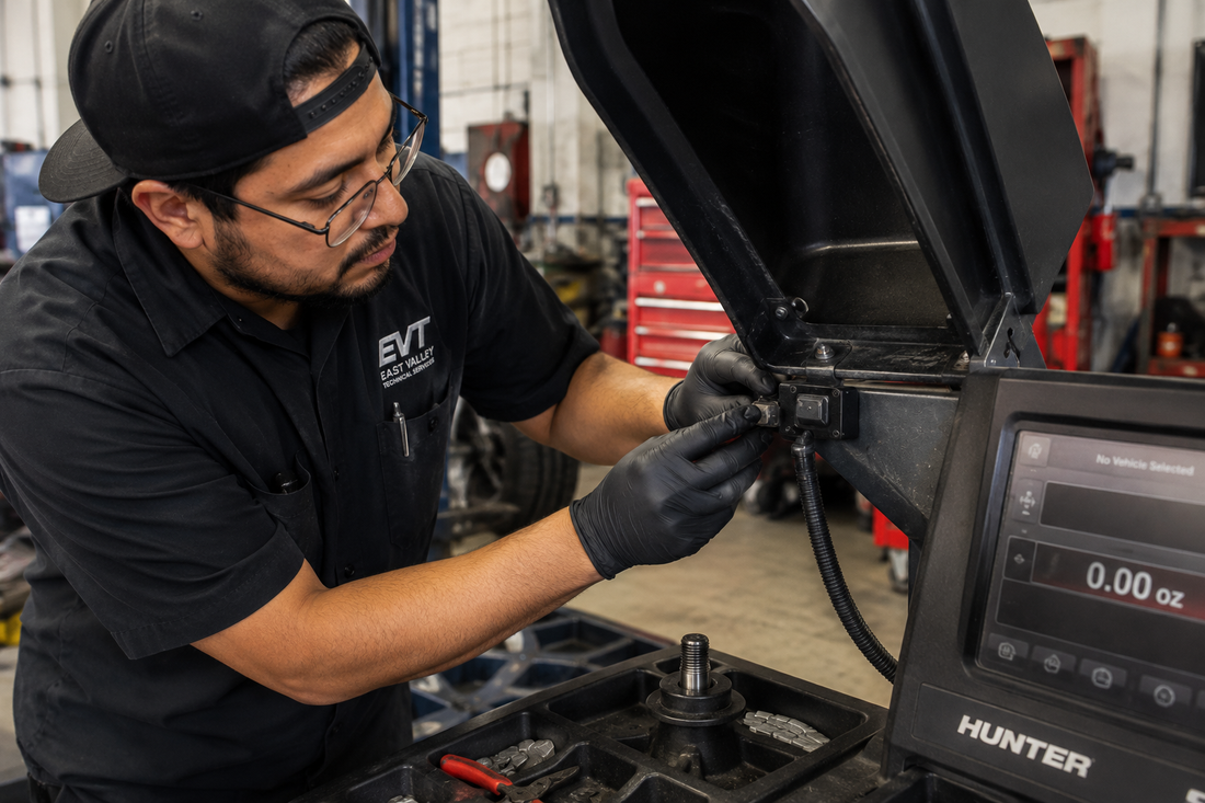 Technician inspecting the hood safety switch on a wheel balancer in an automotive repair shop