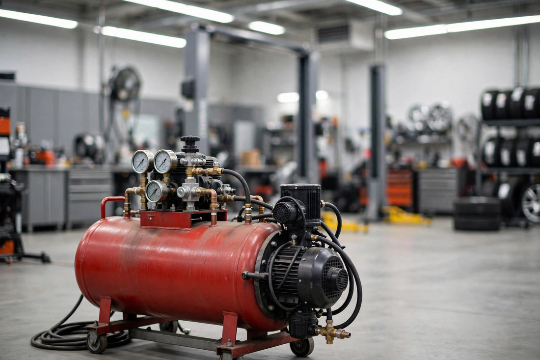Industrial air compressor with pressure gauges in an auto repair shop, air compressor maintenance