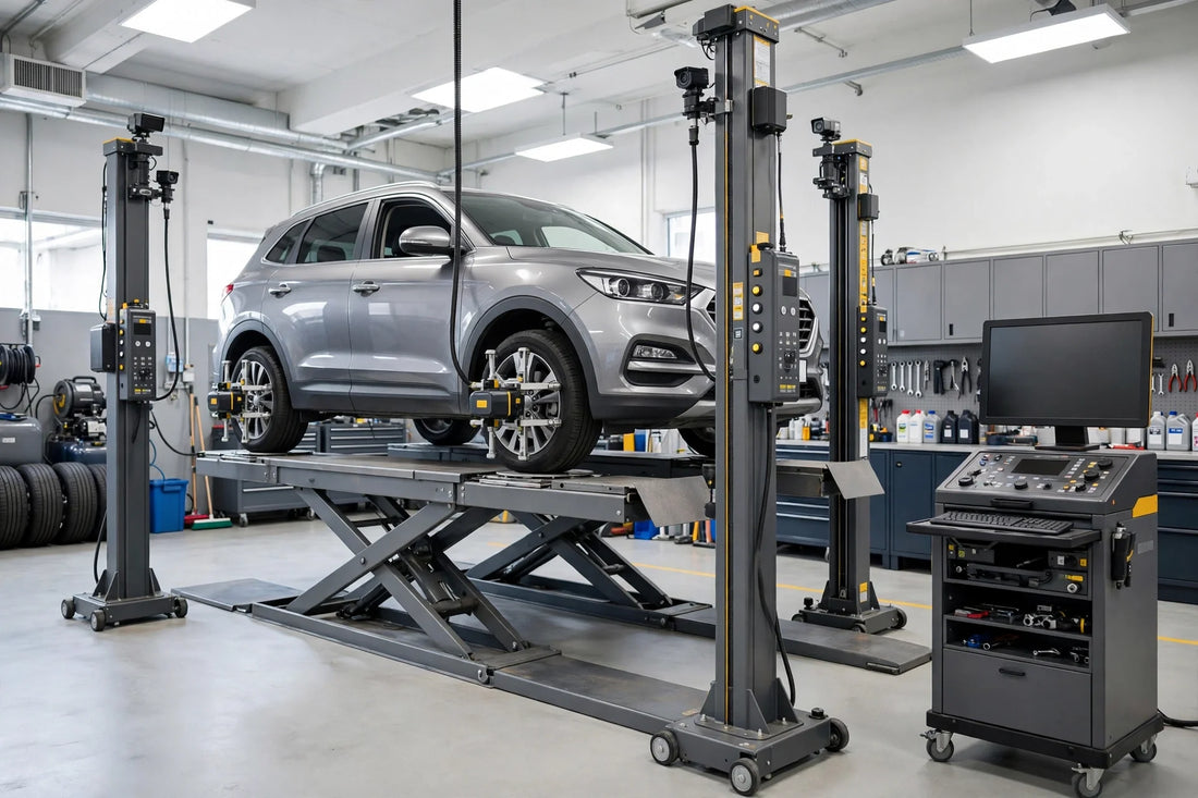 Car on a computerized wheel alignment machine in an auto repair shop, used when checking wheel aligner error codes on the alignment system console