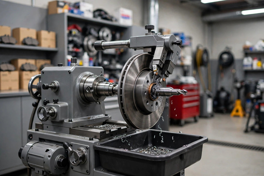Bench brake lathe machining a brake rotor in an auto shop, brake lathe troubleshooting guide