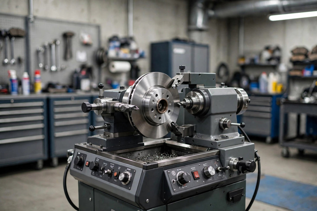 Brake lathe machine resurfacing a brake rotor in an auto repair shop, illustrating brake lathe maintenance best practices