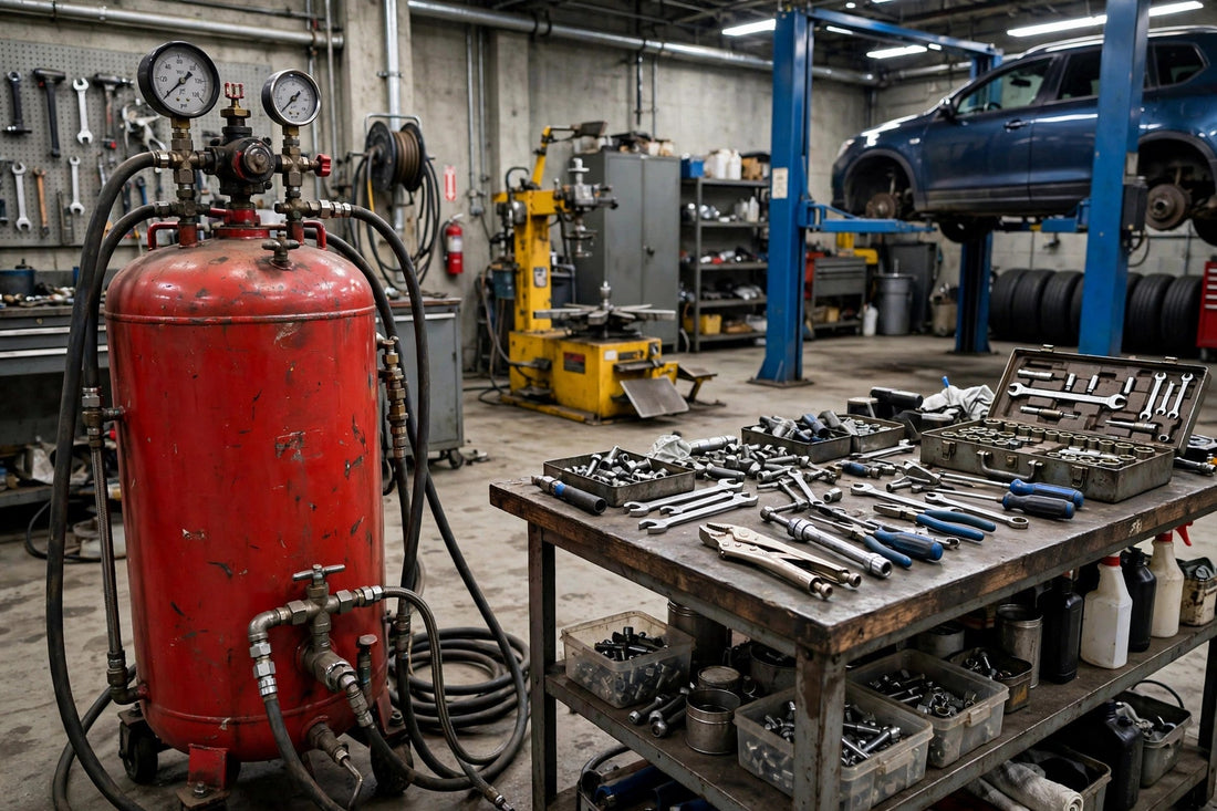 Red industrial air compressor with pressure gauges in an auto repair shop, air compressor troubleshooting