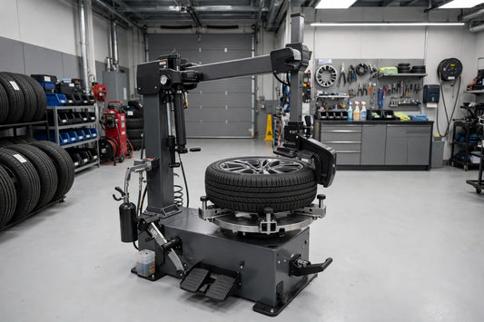 Swing-arm tire changer with a wheel clamped on the turntable during tire changer preventive maintenance in an auto shop