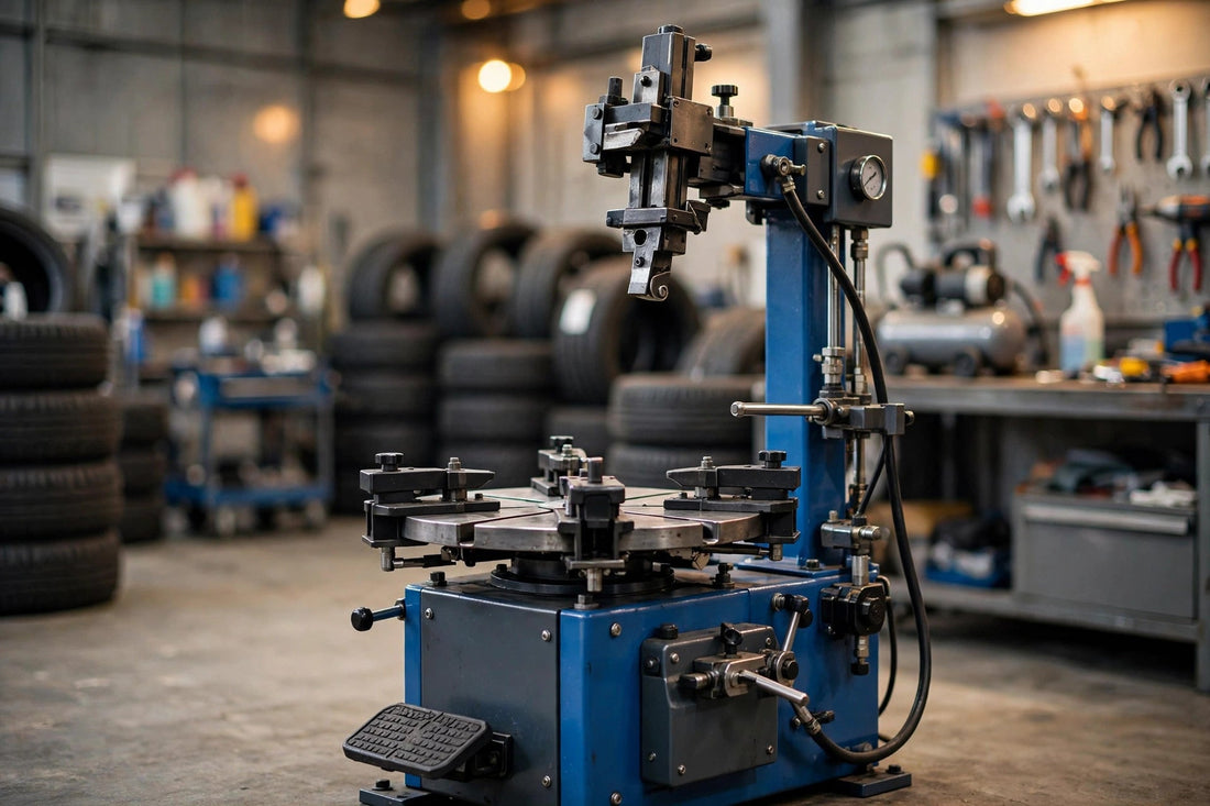 Tire changer machine in a professional tire shop service bay, illustrating a tire changer repair vs replace decision guide