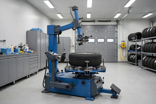 Blue professional tire changer machine with a tire mounted in a clean auto repair shop bay, illustrating a tire changer troubleshooting guide