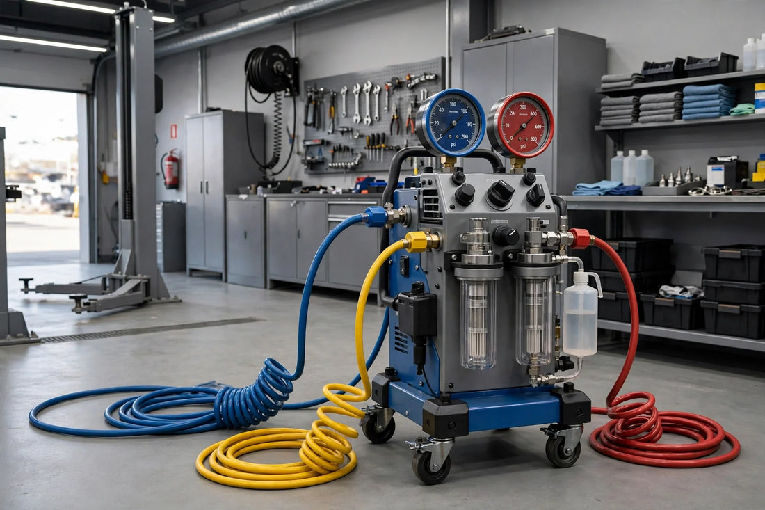 A used AC recovery machine with refrigerant hoses and pressure gauges in a professional auto repair shop