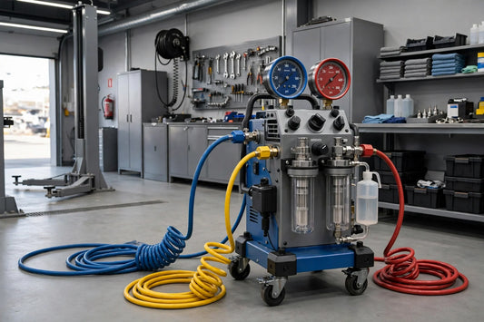 A used AC recovery machine with refrigerant hoses and pressure gauges in a professional auto repair shop