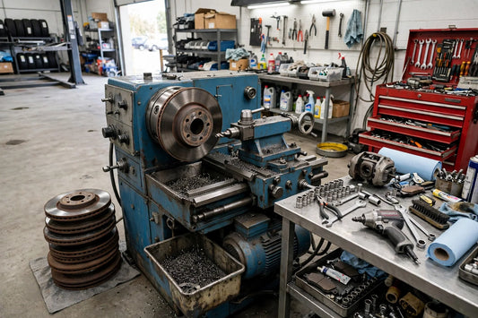 Used brake lathe with a brake rotor mounted in a professional auto shop, shown for a guide to buying a used brake lathe
