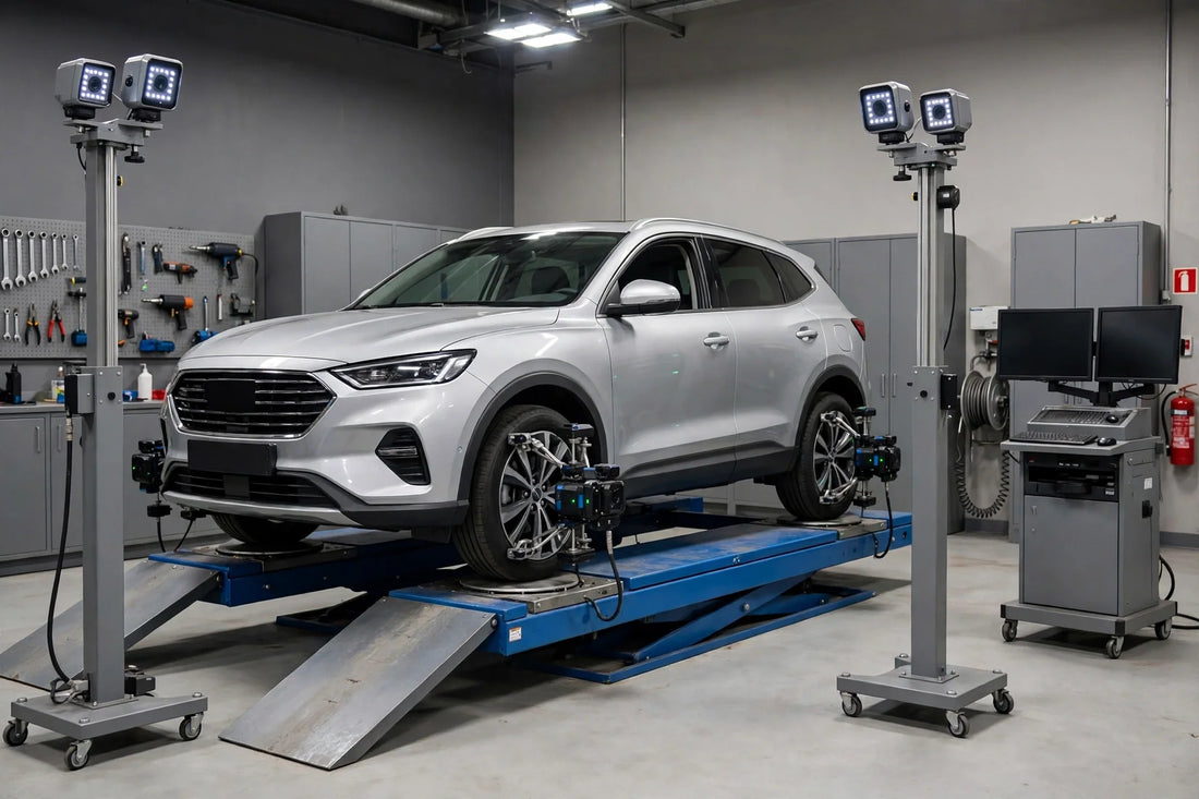 Wheel alignment machine with sensor heads mounted on wheels in an auto repair shop bay, an example of a used wheel aligner to inspect before purchase
