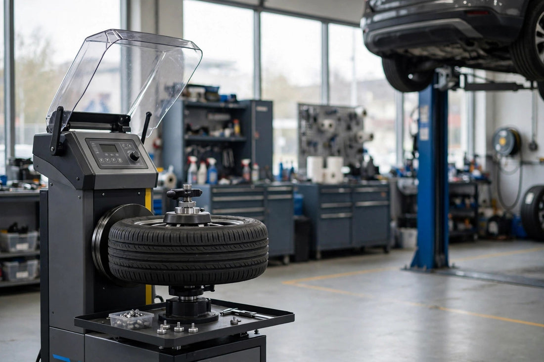 Used wheel balancer machine with a tire mounted on the spindle in a professional auto repair shop