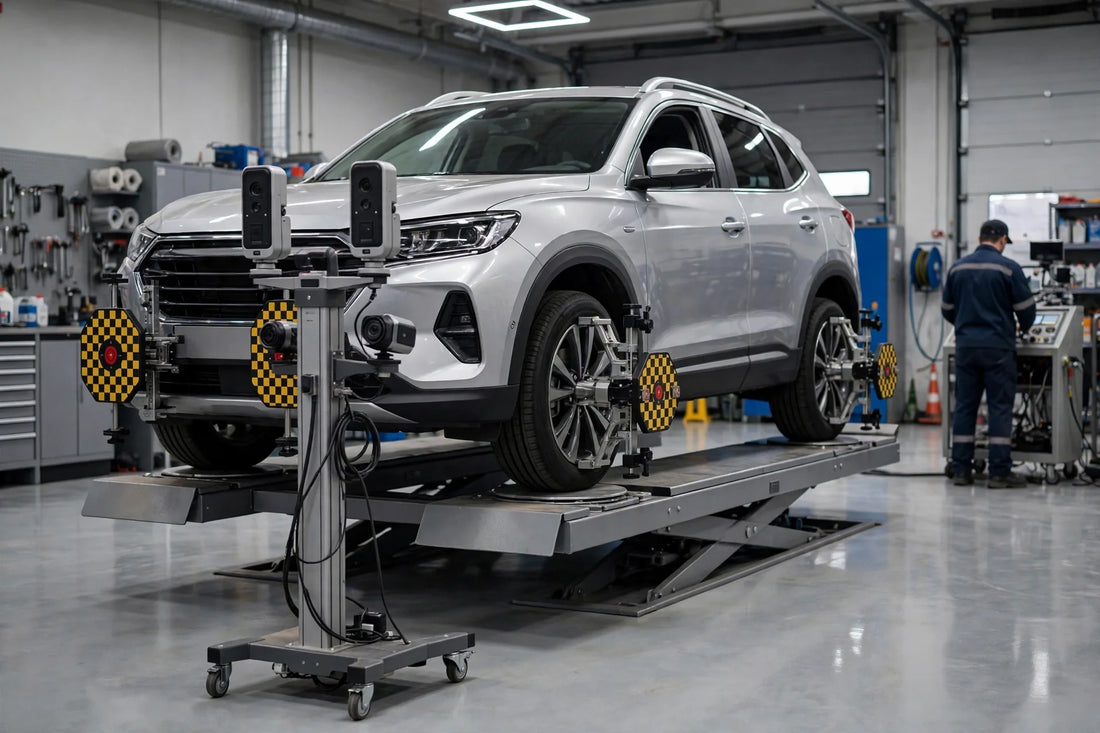 Wheel aligner calibration being performed on a silver SUV mounted on an alignment rack with camera tower and wheel targets in a professional auto repair shop