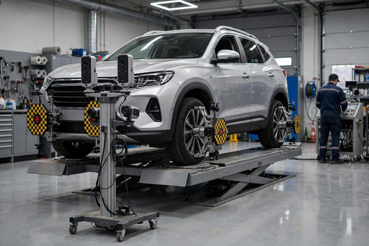 Wheel aligner calibration being performed on a silver SUV mounted on an alignment rack with camera tower and wheel targets in a professional auto repair shop