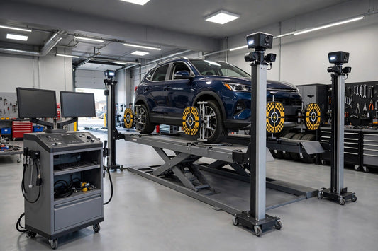 Wheel aligner preventive maintenance: a car on an alignment rack with targets mounted on its wheels in an auto shop