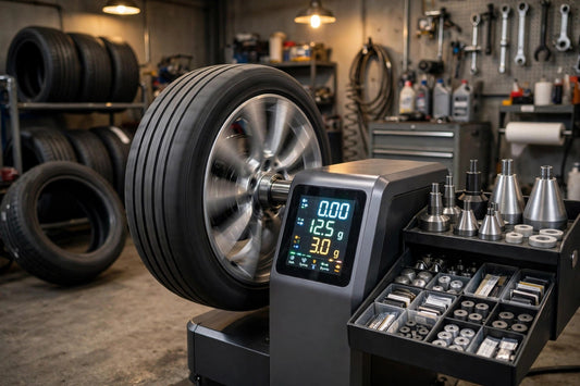 Digital wheel balancer with a spinning wheel mounted on its shaft in a professional tire shop bay, glowing display readout visible; wheel balancer error codes troubleshooting guide for tire shops