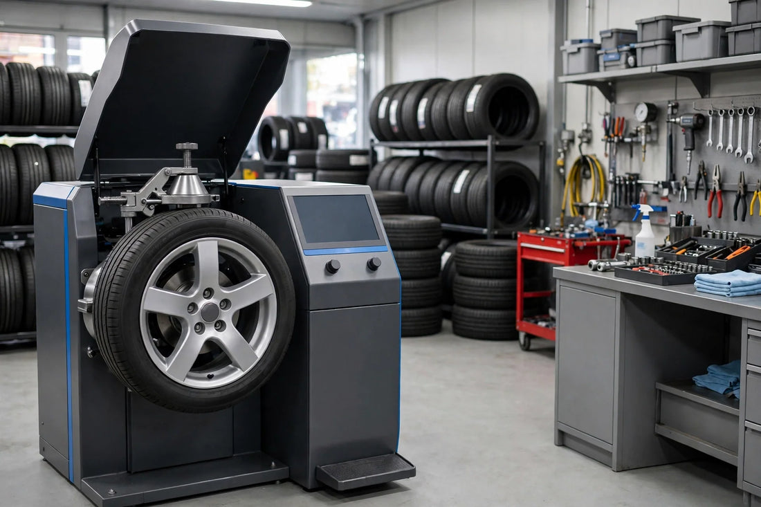 Professional wheel balancer in a tire shop, showing the wheel balancer preventive maintenance setup for accurate balancing