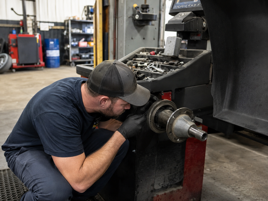 Technician inspecting a wheel balancer shaft for wobble in an automotive repair shop