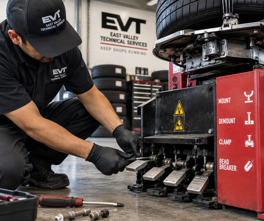 Technician inspecting the foot pedal assembly on a tire changer in an automotive repair shop