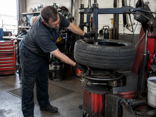 Technician inspecting a weak bead breaker on a tire changer in a Southern California auto repair shop