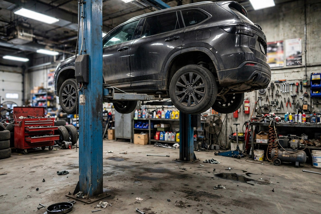 Used vehicle lift with SUV raised in an auto repair shop, inspected before buying a used vehicle lift