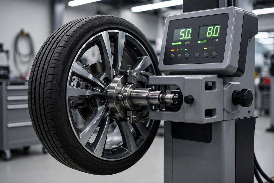 Technician calibrating a wheel balancer in a professional tire shop - wheel balancer calibration service