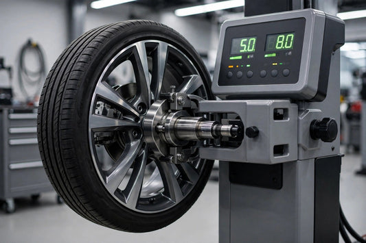 Technician calibrating a wheel balancer in a professional tire shop - wheel balancer calibration service