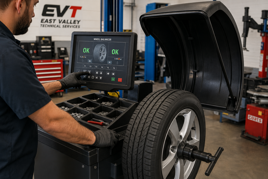 Technician servicing a wheel balancer machine in a Southern California auto shop