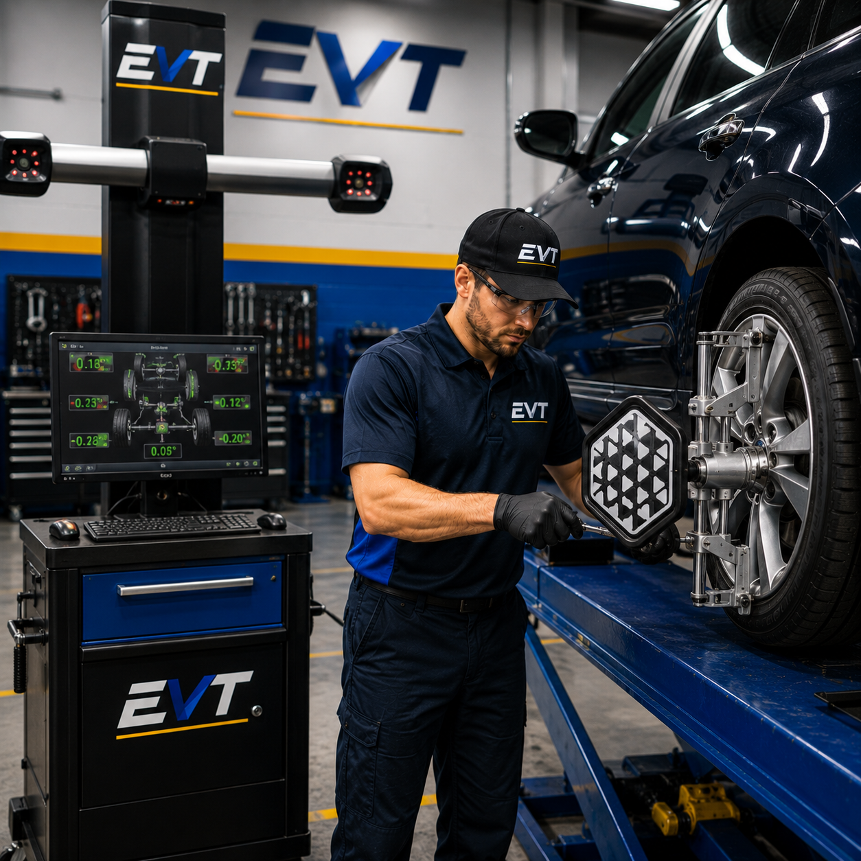 Mechanic working on a car tire in a EVT branded garage.
