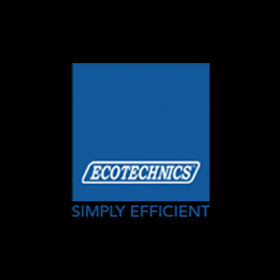 Blue square with 'Ecotechnics' logo and tagline on a black background