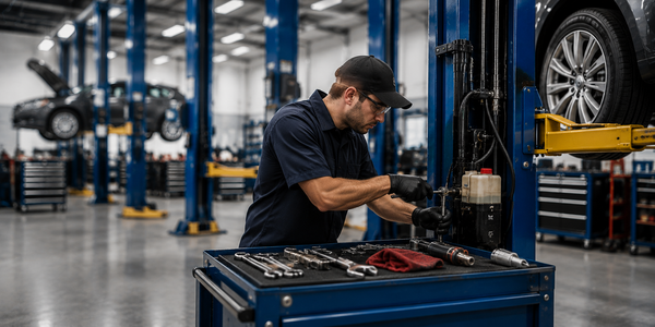 Mechanic working on a car in a garage with tools and equipment around