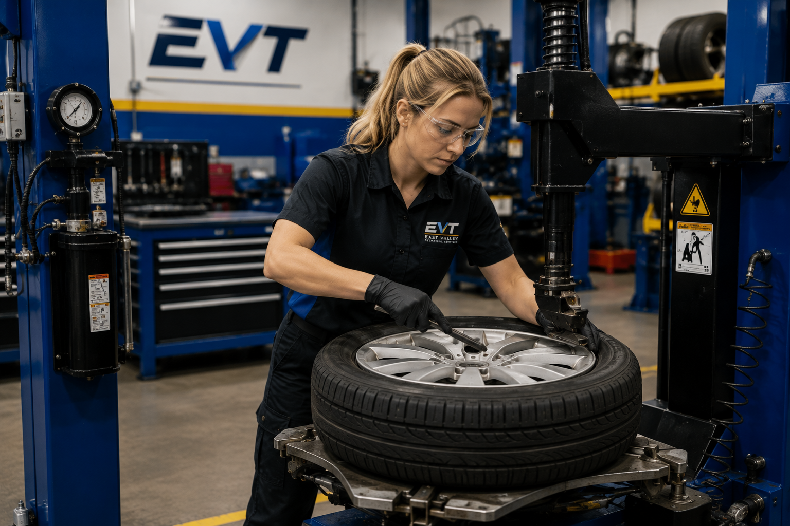 Person working on a tire in a workshop with EVT branding.