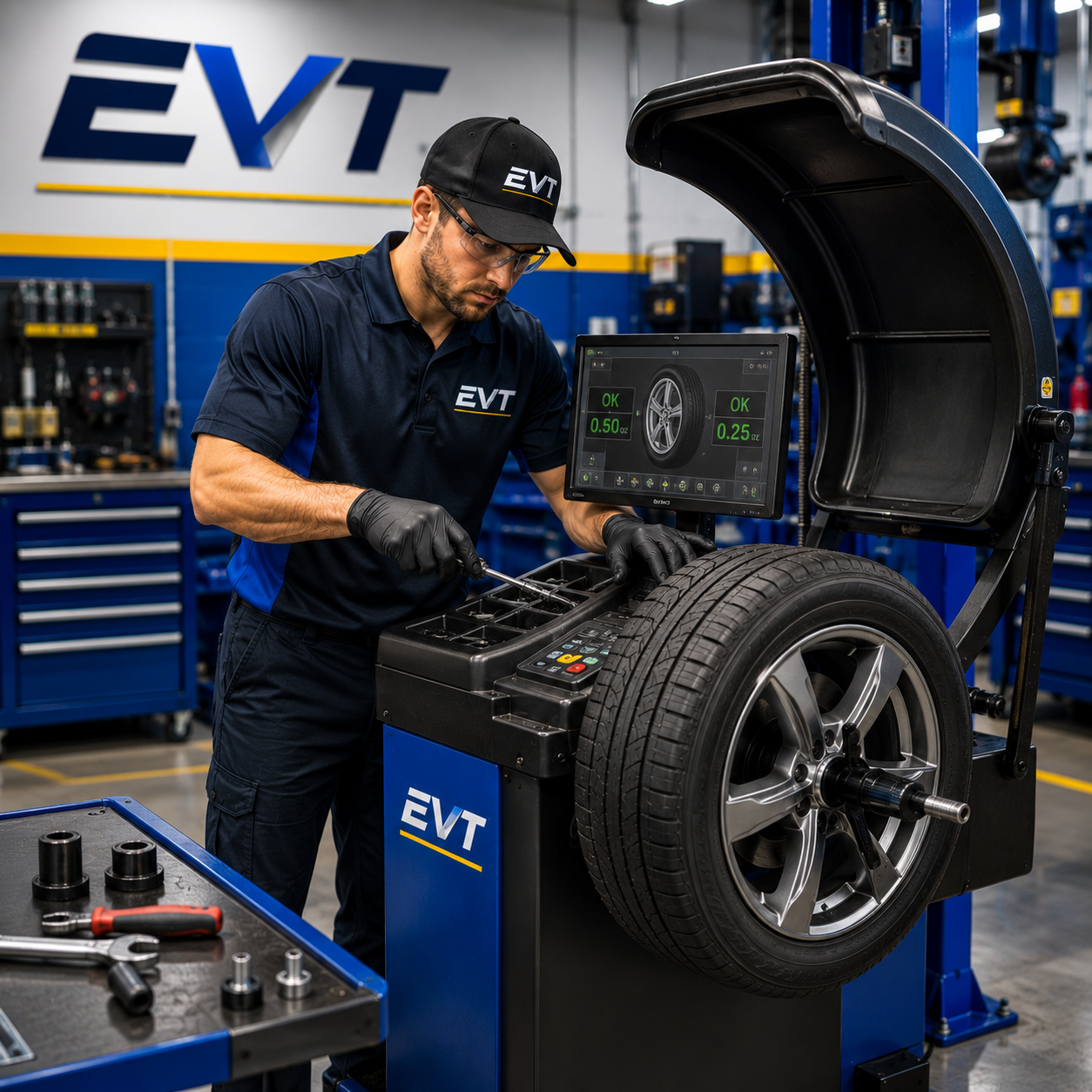 Mechanic working on a tire with an EVT machine in a workshop.